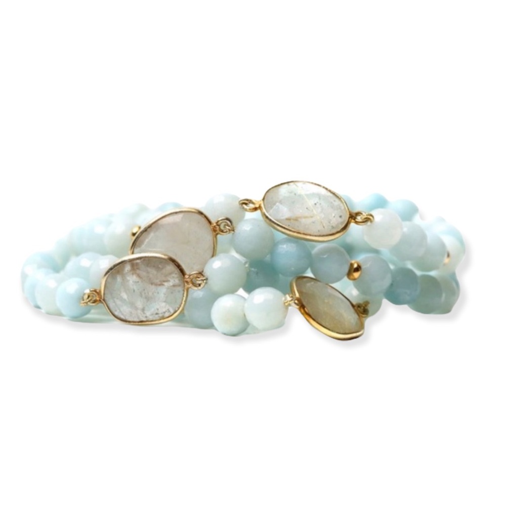 Blue agate gemstone and Quartz Beaded stretch Bracelet